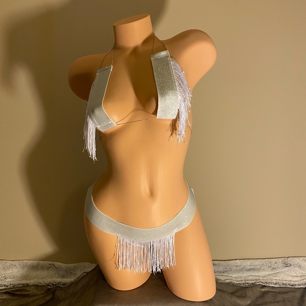 Handmade Silver and White Bikini Costume Dance Wear Woman Size M